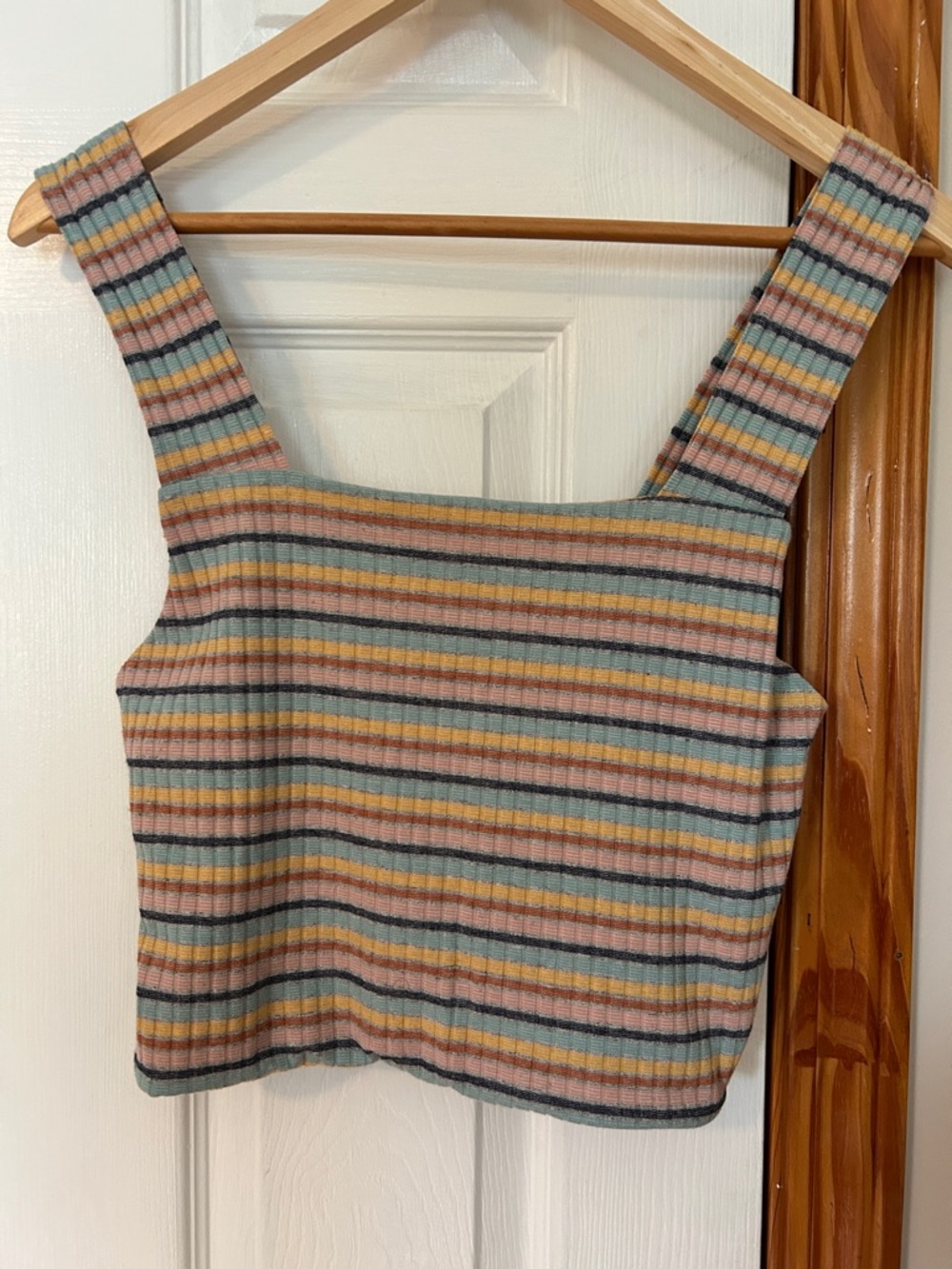 American Eagle Outfitters Pastel Striped Ribbed Square-Neck Crop Tank